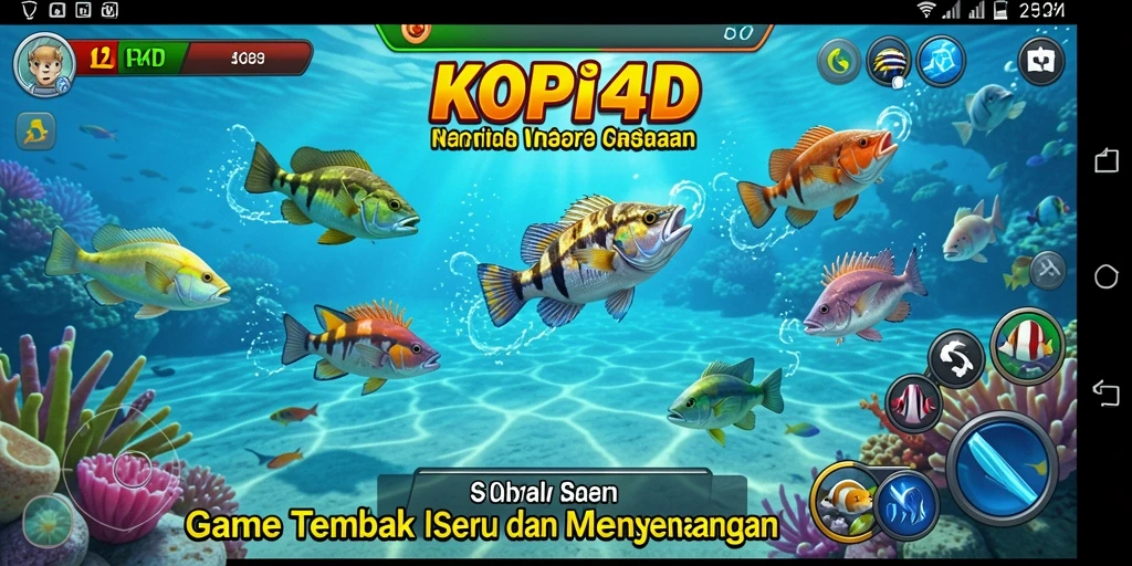 Tangkapan layar utama KOPI4D menampilkan gameplay menembak ikan yang seru.