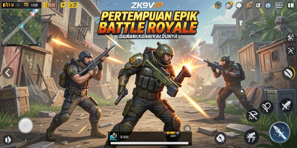 Screenshot ZK9VIP menampilkan aksi pertempuran seru di arena Battle Royale.